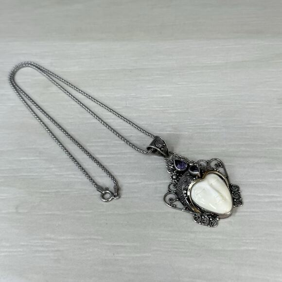 NF Carved Goddess Face Amethyst 14K Gold and 925 Sterling Silver Necklace - Picture 9 of 11